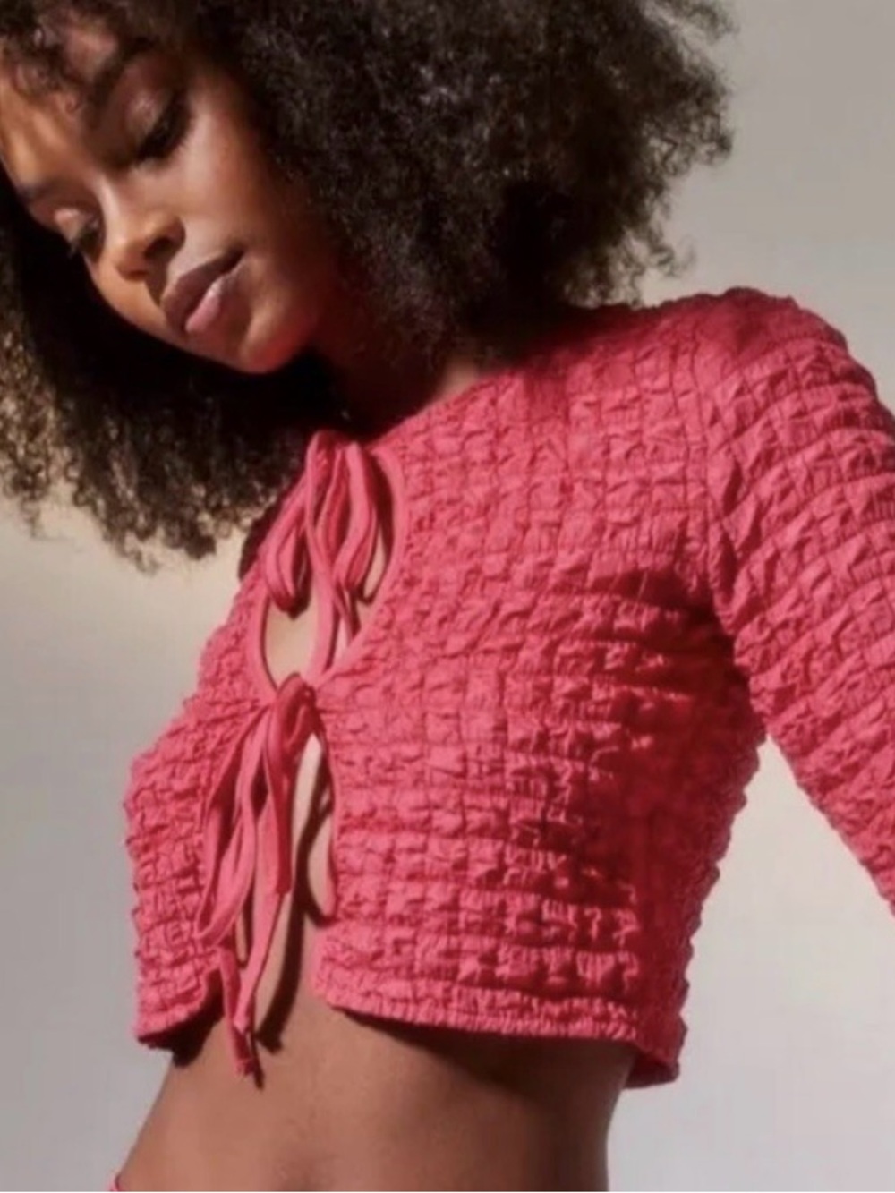 Urban Outfitters Rose Pink Tie-Front Textured Crop Top
